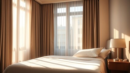 Obraz premium Elegant hotel bedroom with morning sunlight streaming through curtains, creating a serene and inviting atmosphere.