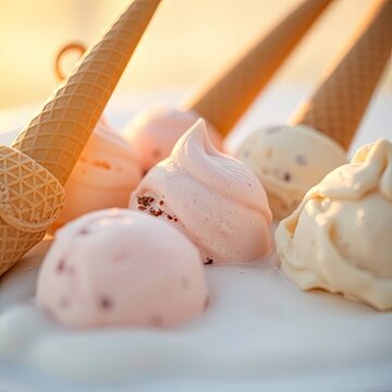 An extreme macro close-up of various ice cream pieces on a blue with generative ai