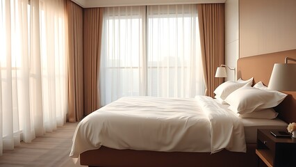 Obraz premium Stylish hotel room with crisp linens and morning sunlight filtering through sheer curtains.