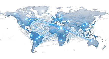 A world map showing global network connections with blue lines and glowing points of connection