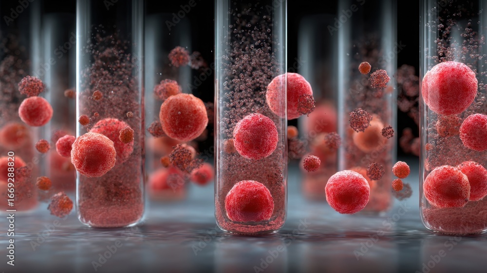Poster 3D rendered sequence illustrating antioxidants diffusing through a solution and quenching unstable red radical species.