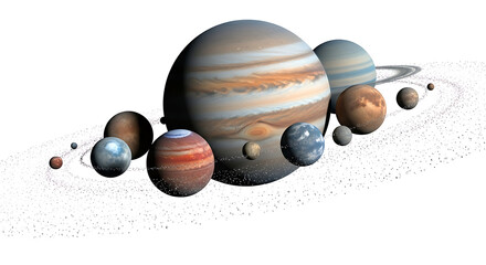 Illustration of the solar system planets aligned with rings on a white background in outer space