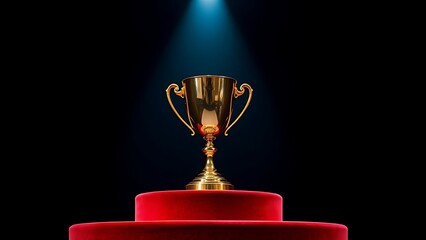 Shining gold trophy cup on a velvet podium, spotlighted dramatically against a dark background.