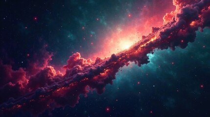 Fototapeta premium A Celestial River of Crimson Clouds Flows Through a Starry Expanse, Illuminated by a Distant, Glowing Nebula