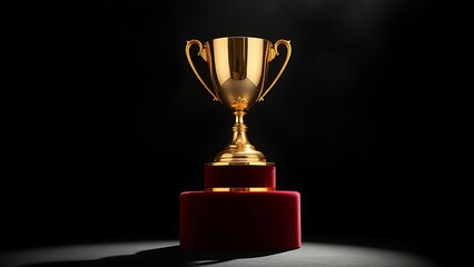 A gleaming gold trophy displayed on a velvet pedestal, highlighted by dramatic studio lighting.