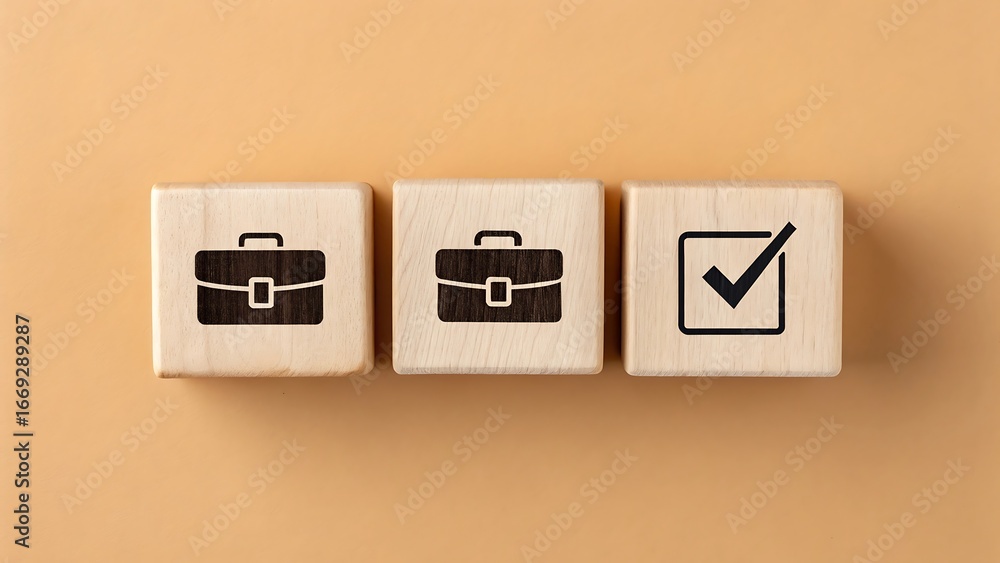 Aufkleber three wooden cubes showing two briefcase icons and one checkmark icon arranged in a row on a peach b