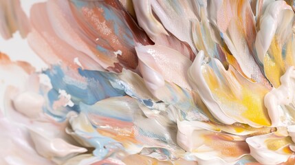 A close-up of an abstract painting with textured brushstrokes in colors such as soft pinks, yellows, oranges, and blues, creating a dreamy atmosphere reminiscent of Impressionist art.