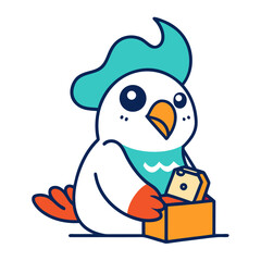 Charming Parrot Character Line Art with Pirate Hat Sitting on Treasure Box Whimsical Bird Drawing