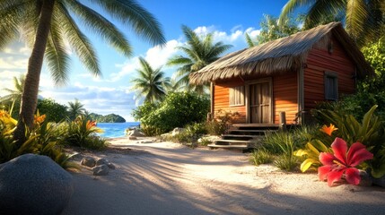 Idyllic tropical beach house retreat with palm trees and ocean views offering relaxation