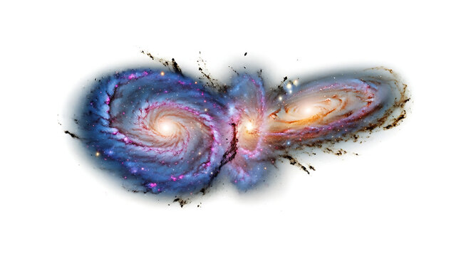 Two galaxies colliding with swirling arms and bright centers against a white background in space