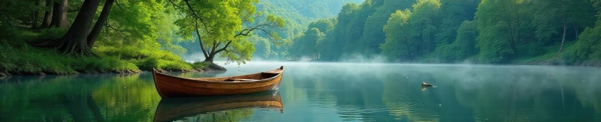 Obraz premium A serene scene of a small wooden rowboat gently bobbing on a calm lake surrounded by lush green foliage and towering trees, reflecting the tranquil beauty of nature , flora, ecosystem, waterway