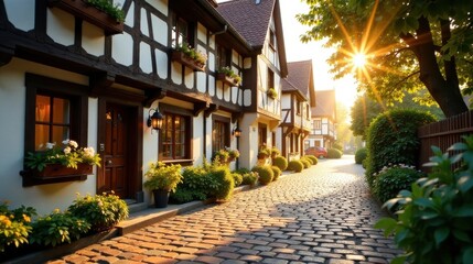 Fototapeta premium Golden Hour Illumination on a Charming Cobblestone Street with Picturesque Half-Timbered Houses