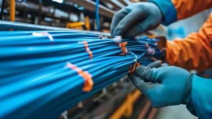 Technician Connecting Blue Cables. - Powered by Adobe