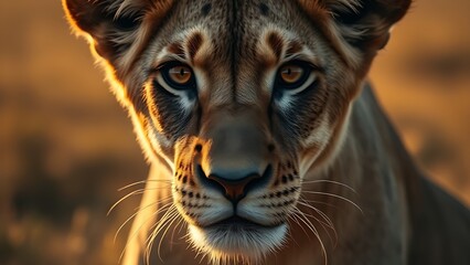 Fototapeta premium Lioness with a focused gaze, bathed in golden savanna light, showcasing natural beauty and strength.