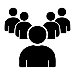 Business team meeting vector illustration of a group of people in black silhouettes with a leader in front on transparent background