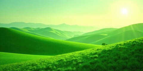 Obraz premium Serene Sunrise Over Rolling Green Hills, a Lush Pastoral Landscape Bathing in Golden Light