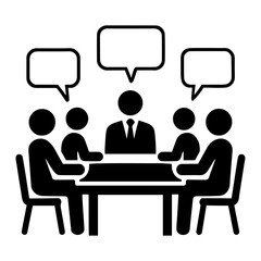 Business team meeting vector illustration of a meeting with five people sitting around a table discussing on transparent background