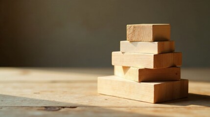 Wooden blocks arranged in a neat stack on a light wood surface, bathed in sunlight, suggesting growth, stability, and construction.