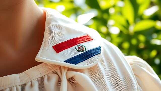 Embroidered flag motif on a linen dress collar, representing Salvadoran national identity.