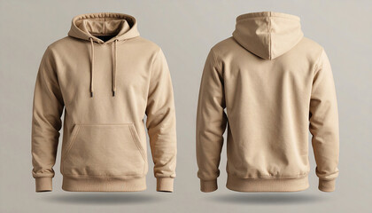 Front and back view of a blank tan or beige pullover hoodie mockup for apparel design.
