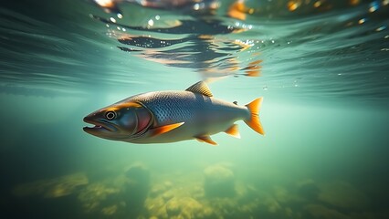 Fototapeta premium A trout swimming gracefully in a clear river, sunlight filtering through the water in a tranquil moment.