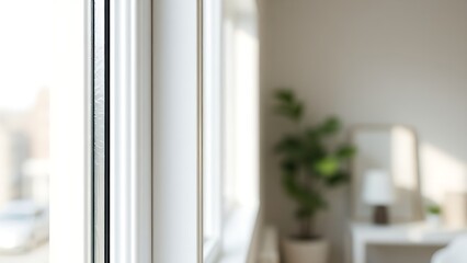 Fototapeta premium Modern white window frame with clean lines and soft daylight, showcasing minimalist interior design.