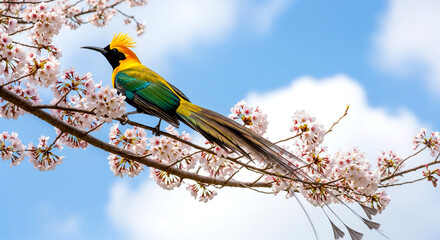 Fototapeta premium Golden bird of paradise perched on blossoms. 