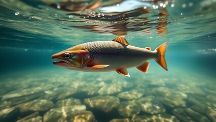Fototapeta premium A trout swimming gracefully in a clear river, illuminated by sunlight filtering through the water.