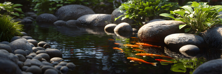 Harmonious Zen Fish Pond wth Koi, Stones, and Lush Geenery Invoking Tranquilit and Balance