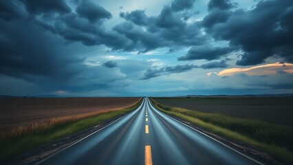 Naklejka premium A forked country road beneath a dramatic sky, symbolizing life's pivotal choices and paths.