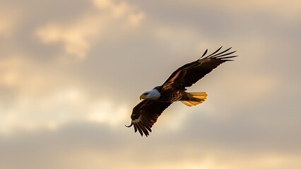 Obraz premium A majestic bald eagle soaring through a dramatic golden-hued sky.