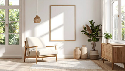 Minimalist living room with armchair, wooden furniture, and natural light creating a serene ambiance