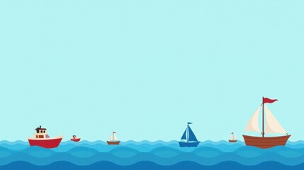 Naklejka premium A Serene Seascape Featuring Various Vessels Sailing on a Calm Ocean Under a Pale Blue Sky