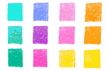 Collection of twelve colorful rectangles drawn with oil pastels