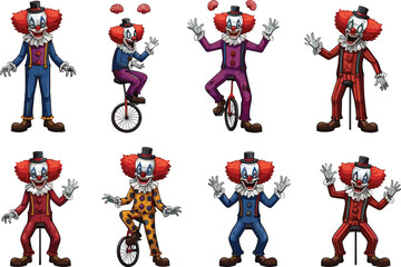 Colorful Cartoon Clowns on Unicycles – Funny Circus Characters with Red Hair and Unique Costumes in Vector Illustration for Entertainment Design