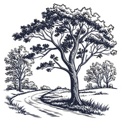 Sketch of a winding country road through a grassy field with trees