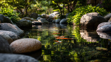 Harmonious Zen Fish Pond wth Koi, Stones, and Lush Geenery Invoking Tranquilit and Balance