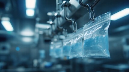 Close medium shot capturing a silicone vacuum pouchs sterilization loop in crisp detail with blurred background of a commercial kitchen emphasizing efficient ecofriendly sanitation