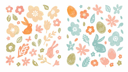 Cute easter bunny and flower collection with textured elements