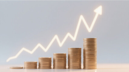 Stacks of golden coins arranged in ascending order with a glowing upward arrow chart. Concept of financial growth, business success, investment strategy, and economic progress.