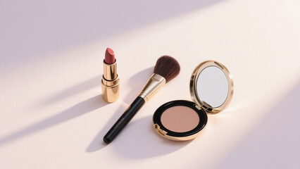 Luxury makeup set with lipstick, powder compact, and brush on a soft pastel background. Elegant cosmetic flat lay for beauty, fashion, skincare, and luxury lifestyle concepts.