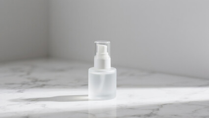 Minimalist skincare bottle with pump on white marble background. Clean beauty concept, cosmetic packaging mockup, luxury skincare product photography for advertising and branding.