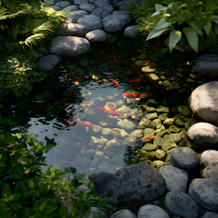 Harmonious Zen Fish Pond wth Koi, Stones, and Lush Geenery Invoking Tranquilit and Balance