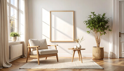 Minimalist Living Room with Armchair, Coffee Table, and Large Plant