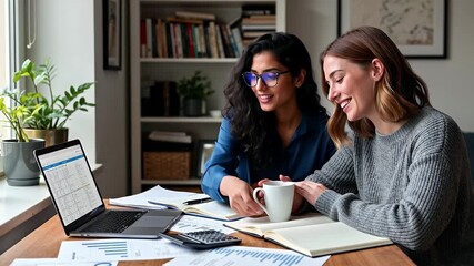 Two diverse women analyzing financial data on a laptop in a modern home office, interracial lesbian couple doing financial planning - Powered by Adobe