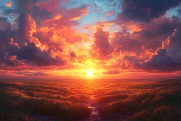 Fototapeta premium Dramatic Sunset over Wildflower Meadow Vibrant Sky Golden Hour Landscape