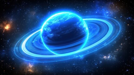 Obraz premium Mystic blue planet with rings surrounded by a field of stars in deep space
