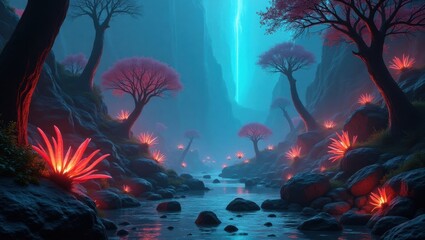 Naklejka premium Alien jungle with oversized, glowing plants and floating rocks, vibrant colors, surreal mood