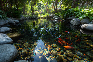 Harmonious Zen Fish Pond wth Koi, Stones, and Lush Geenery Invoking Tranquilit and Balance