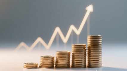 Stacks of golden coins arranged in ascending order with a glowing upward arrow chart. Concept of financial growth, business success, investment strategy, and economic progress.
